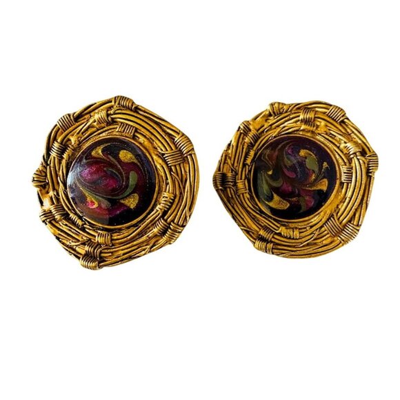 Vintage Gold Tone Woven Swirl Enamel Statement Clip-On Earrings - Picture 3 of 6